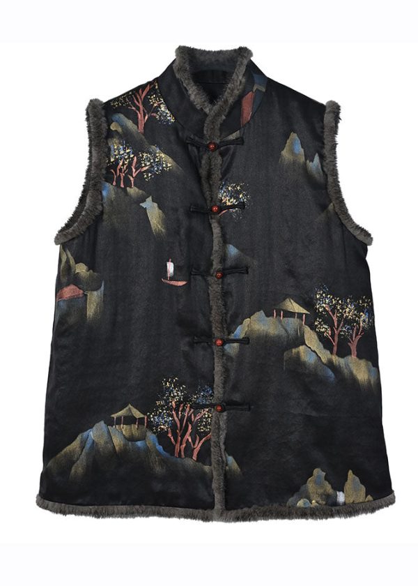 Fine Black Pockets Print Button Mink Hair Waistcoat Winter For Discount - Image 5
