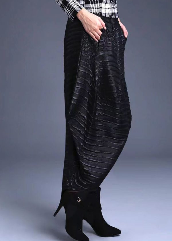 New Casual Black Pockets High Waist Cotton Lantern Pants Spring Discount - Image 4