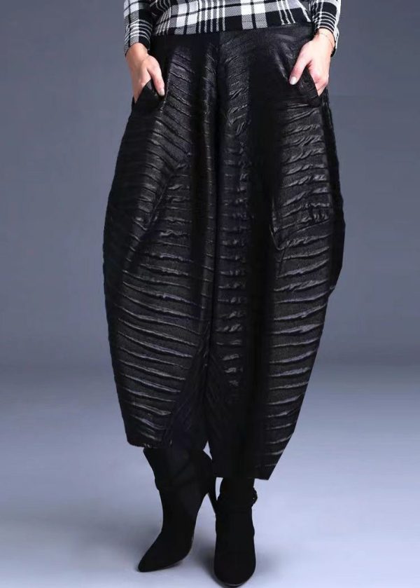 New Casual Black Pockets High Waist Cotton Lantern Pants Spring Discount - Image 2