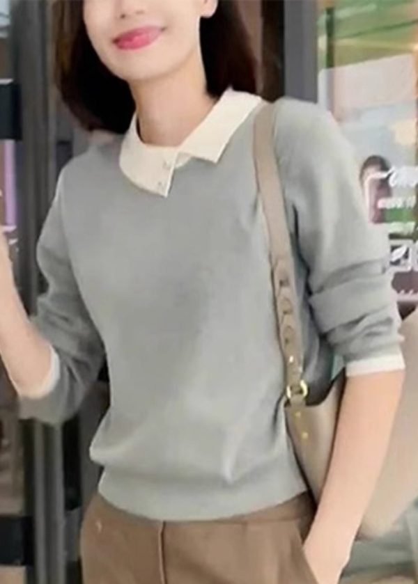 Classy Grey Asymmetrical Peter Pan Collar Versatile Knitted Tops Fall For Sale - Image 4