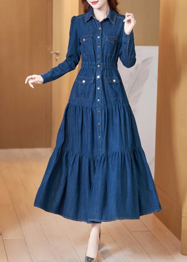 Classy Blue Peter Pan Collar Wrinkled Patchwork Denim Dress Long Sleeve Discount - Image 2