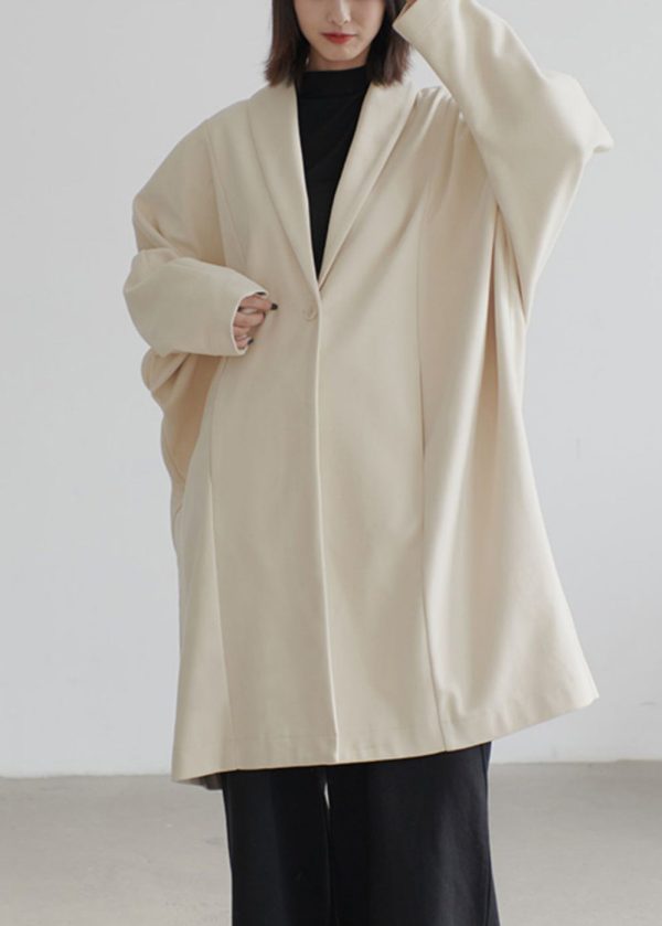 French Beige Button Pockets Patchwork Woolen Coats Long Sleeve Sale - Image 3