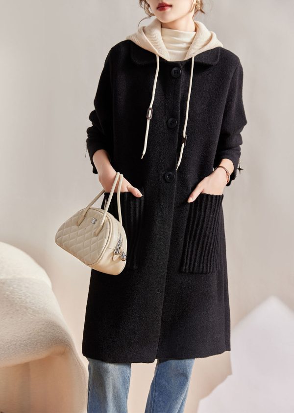 Modern Red Drawstring Button Woolen Hoodies Coats Long Sleeve on Sale - Image 2