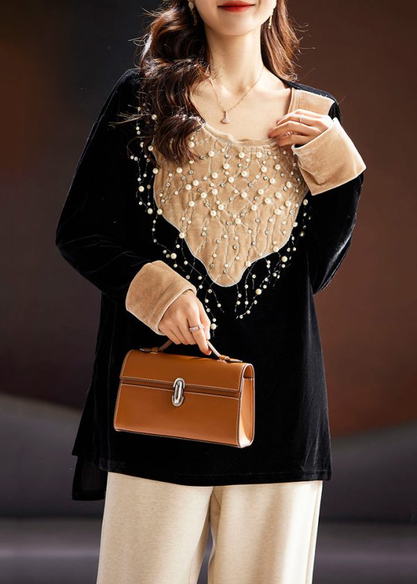 Loose Black Nail Bead Patchwork Silk Velour Top Long Sleeve Hot on Sale