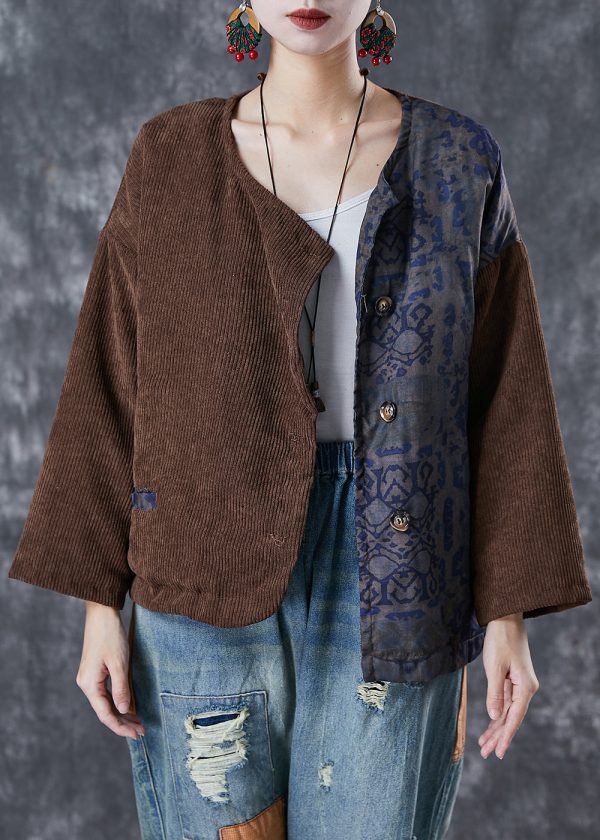 Brown Patchwork Fine Cotton Filled Parka Jacket Asymmetrical Winter on Sale - Image 3