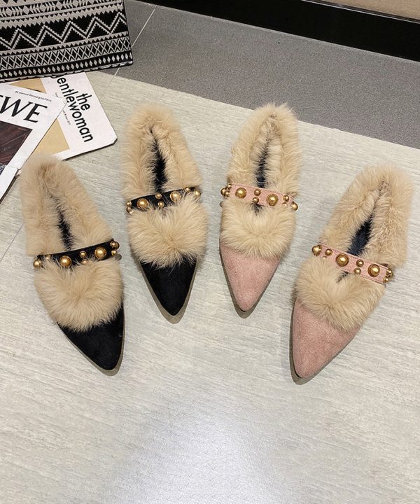 Fashion Black Fuzzy Wool Lined Chunky Suede Rivet Pointed Toe Penny Loafers Sale - Image 4