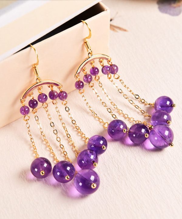 Beautiful Purple 14K Gold Crystal Tassel Drop Earrings Fashion - Image 3
