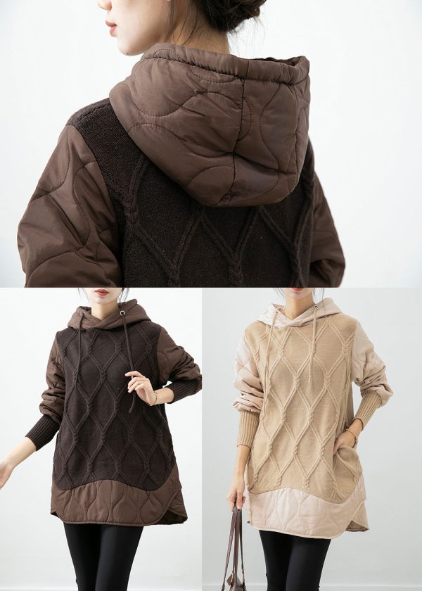 Chocolate Patchwork Knit Fine Cotton Filled Pullover Streetwear Dress Hooded Winter Online Sale - Image 5
