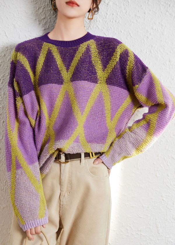 Art Purple O-Neck Plaid Patchwork Wool Knit Sweaters Long Sleeve For Discount