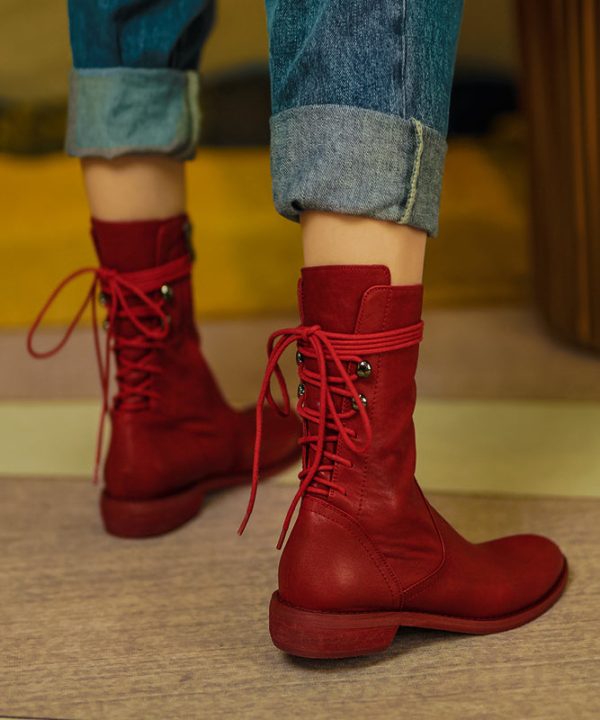 Stylish Soft Dark Red Horsehide Boots Splicing Cross Strap Zippered Online Sale - Image 5