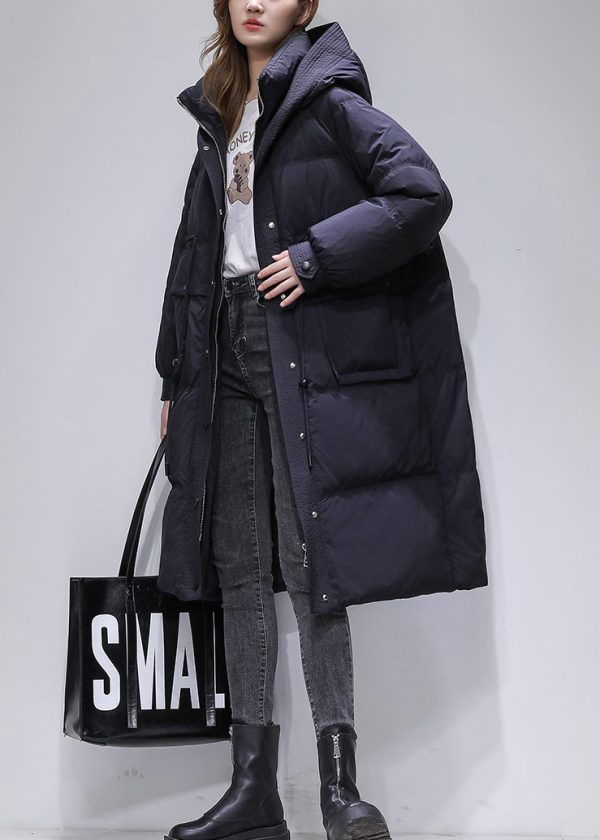 Black Pockets Duck Down Down Coat Zip Up Drawstring Winter Hot on Sale