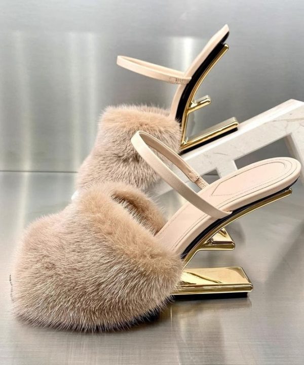 Novelty Sexy Apricot Mink Hair Slide Sandals Alien Heel on Sale