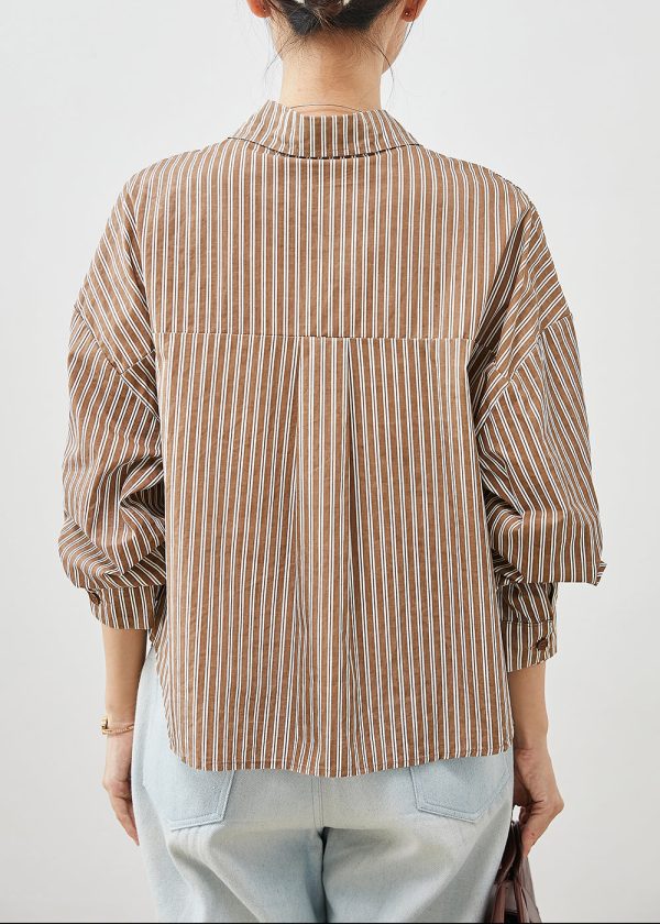 Loose Khaki Striped Patchwork Drawstring Cotton Shirts Spring For Cheap - Image 4