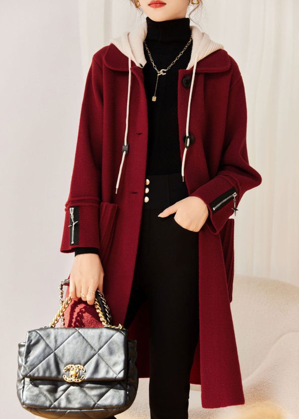 Modern Red Drawstring Button Woolen Hoodies Coats Long Sleeve on Sale - Image 3