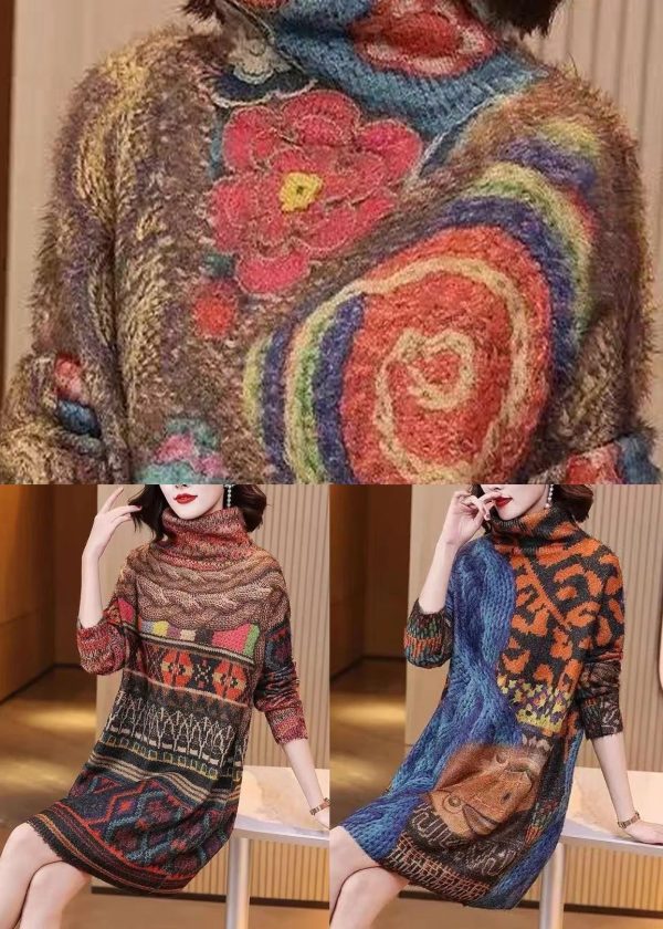 Blue Cozy Patchwork Mink Hair Knitted Mid Dress Turtleneck Long Sleeve For Cheap - Image 5
