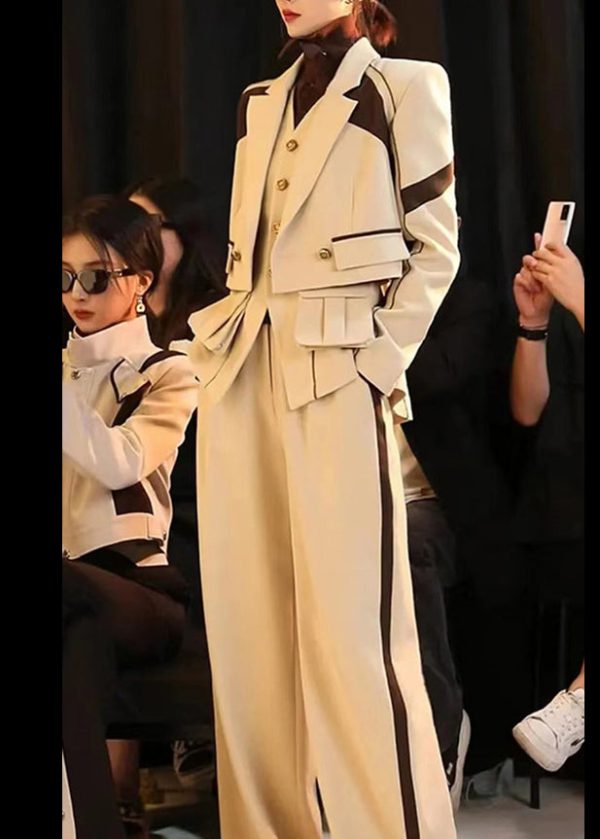 French Khaki Button Pockets Patchwork Three Piece Set Fall on Sale - Image 2