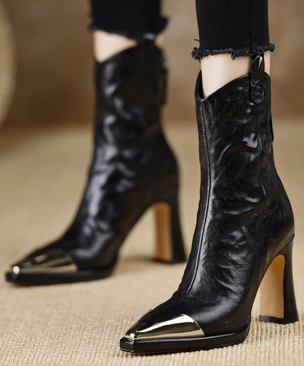 Elegant Chunky Heel Boots Black Sheepskin Pointed Toe For Cheap - Image 3