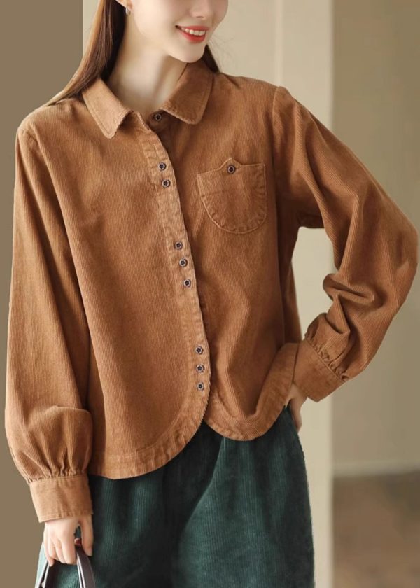 New Caramel Peter Pan Collar Button Corduroy Shirts Spring on Sale