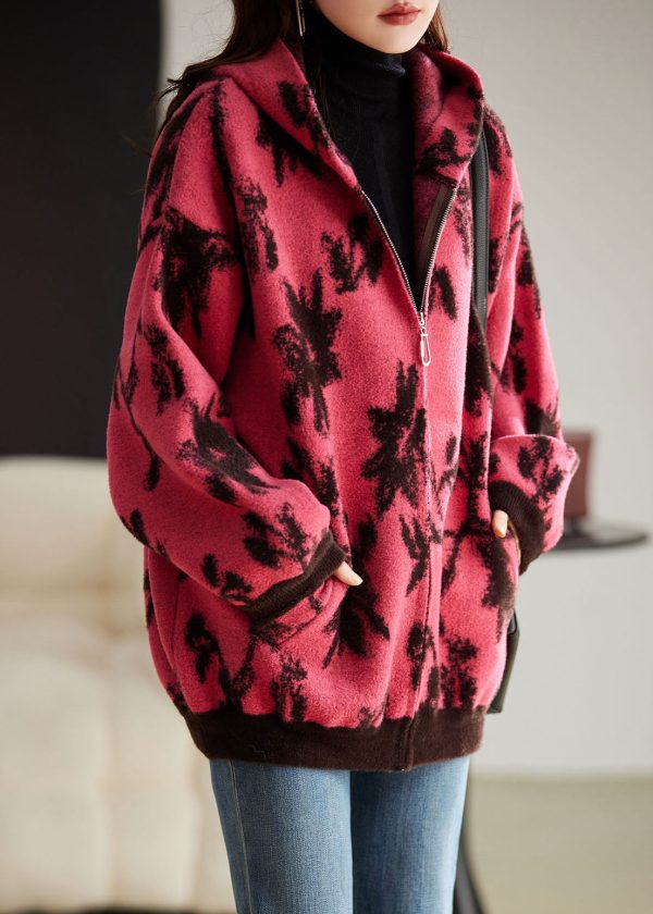 Modern Rose Print Zippered Thick Woolen Hoodies Coat Fall on Sale - Image 3