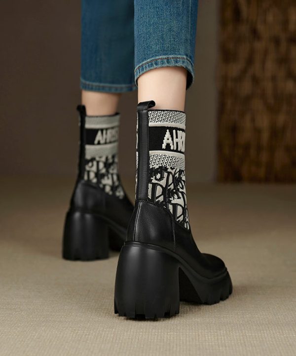 Black Boots Chunky Heel Cowhide Leather Splicing Elastic Fabric Discount