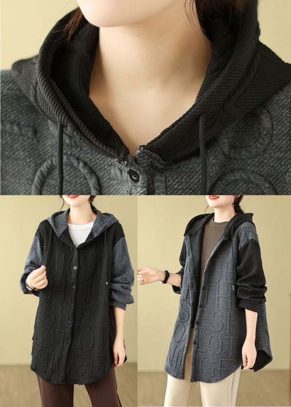 Handmade Grey Patchwork Hooded Coats Long Sleeve For Discount - Image 5
