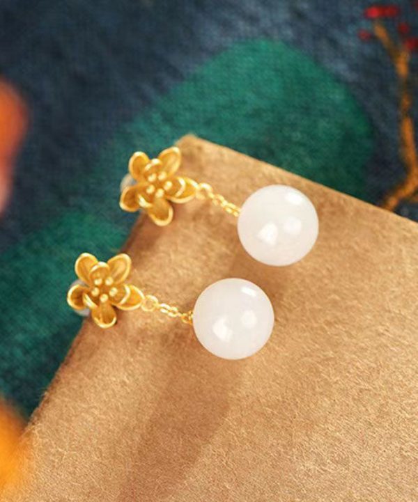 Skinny White Ancient Gold Jade Floral Drop Earrings For Cheap - Image 5