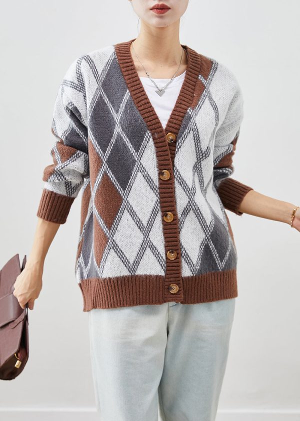 Casual Khaki Oversized Plaid Knit Jacket Fall Cheap