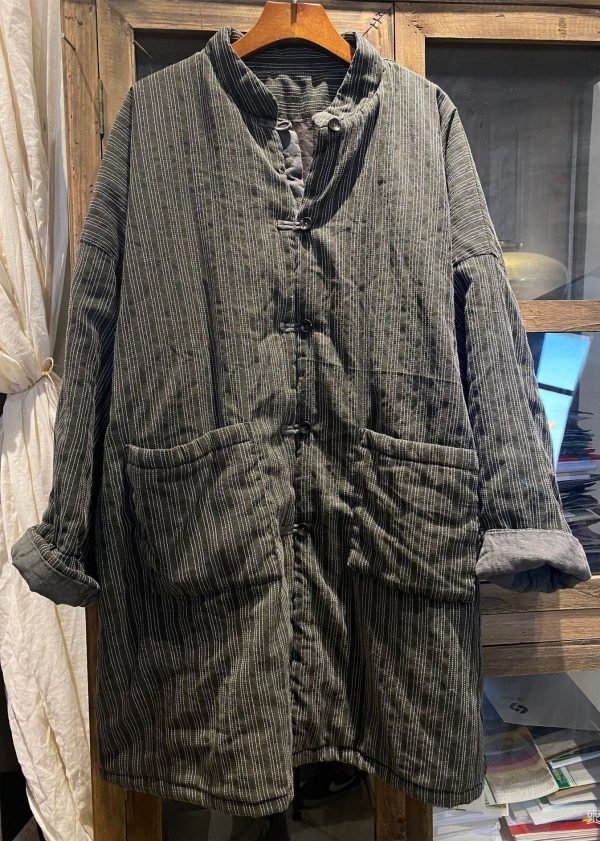 Plus Size Vintage Blue Stand Collar Pockets Striped Fine Cotton Filled Coat Winter Cheap - Image 2