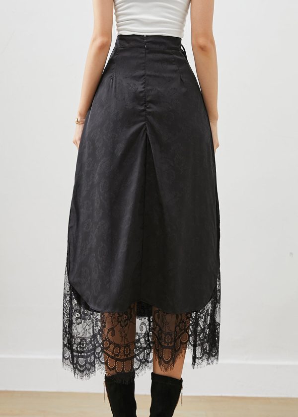 French Black Tasseled Patchwork Lace Silk Skirt Fall on Sale - Image 4