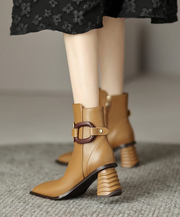 Apricot Boots Chunky Heel Faux Leather Unique Splicing Hot on Sale - Image 3