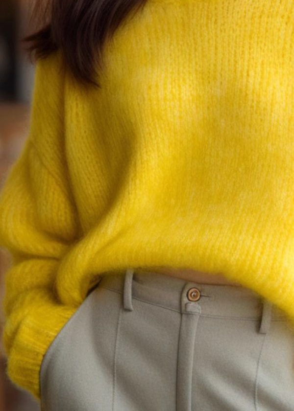 Simple Yellow O Neck Solid Cotton Knit Sweater Long Sleeve For Cheap - Image 5