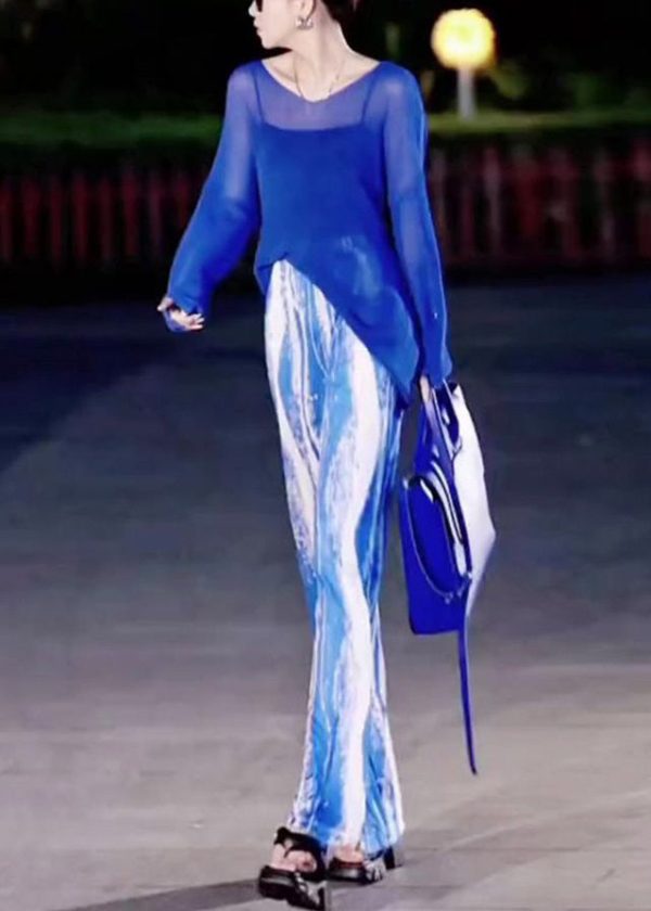 New Blue Asymmetrical Tops And Tie Dye Pants Ice Silk Two Pieces Set Spring Discount - Image 3