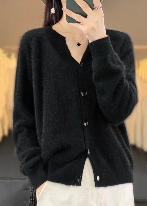 Simple Camel Solid V Neck Button Cashmere Cardigan Long Sleeve For Cheap - Image 3
