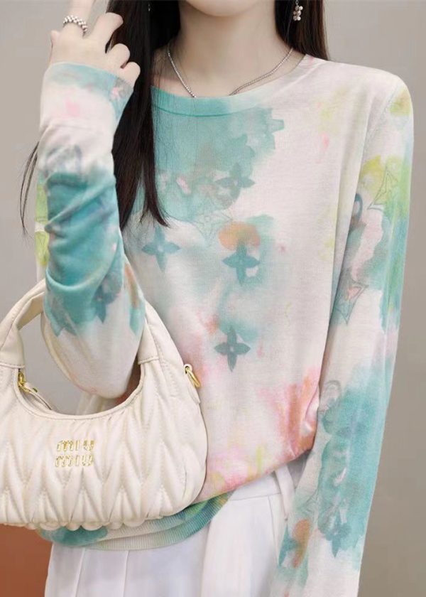 Women Green O Neck Print Silk Cotton T Shirt Spring Cheap - Image 4