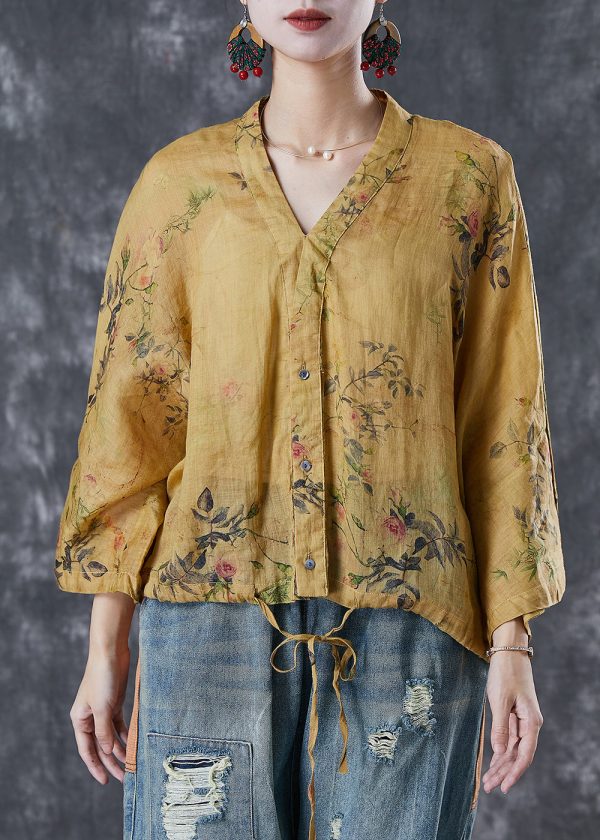 Art Yellow Print Drawstring Linen Shirt Top Spring Online Sale - Image 3