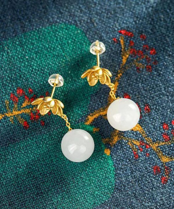 Skinny White Ancient Gold Jade Floral Drop Earrings For Cheap - Image 3