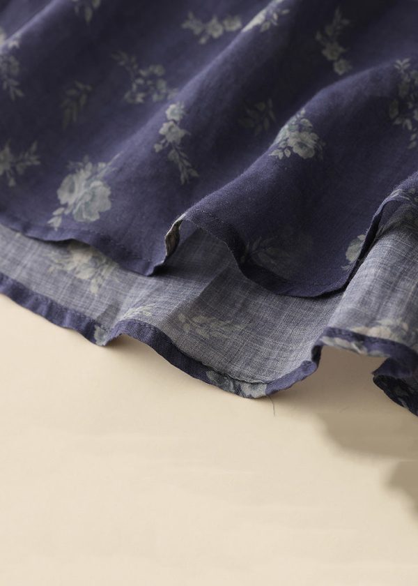 Navy Button Patchwork Cotton Tops O Neck Spring Sale - Image 3