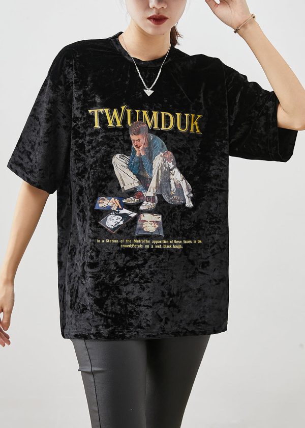 Classy Black Oversized Print Silk Velour Sweatshirt Short Sleeve Hot on Sale