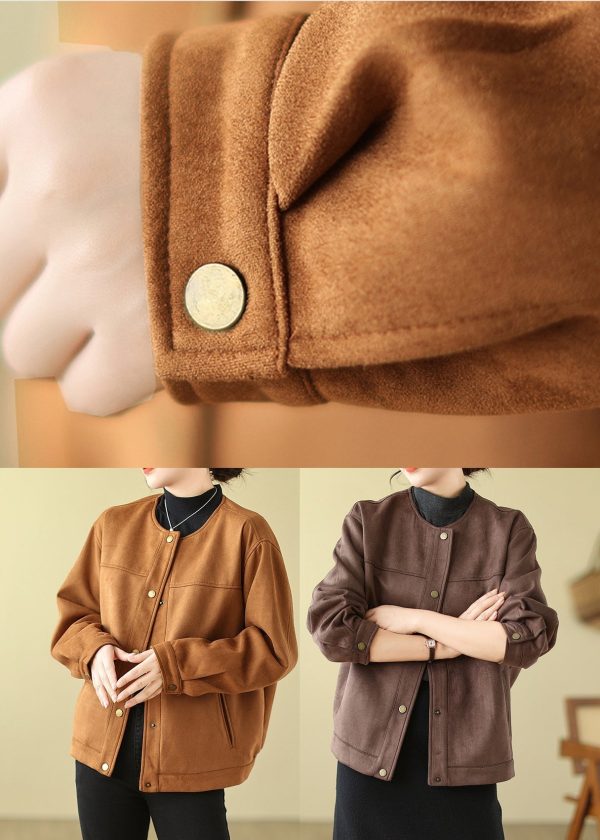 Camel Faux Suede Jacket O-Neck Oversized Spring Cheap - Image 5