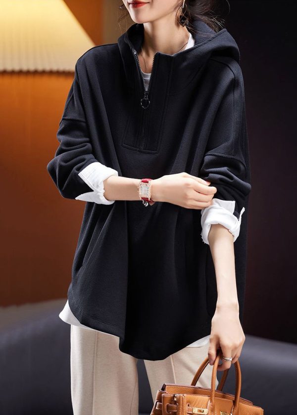 Plus Size Black Hooded Zippered Pockets Cotton Sweatshirt Long Sleeve Online - Image 4