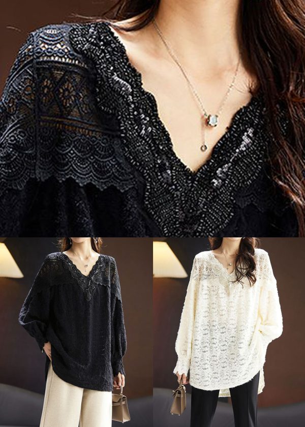 Beige Hollow Out Lace Top V Neck Long Sleeve For Cheap - Image 5