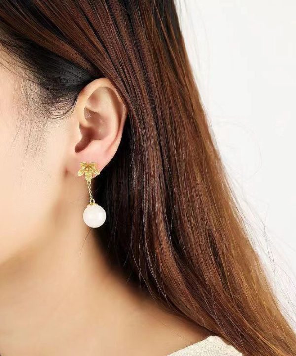 Skinny White Ancient Gold Jade Floral Drop Earrings For Cheap - Image 2