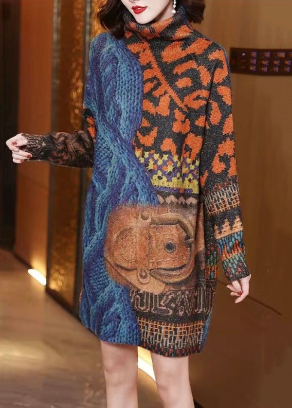 Blue Cozy Patchwork Mink Hair Knitted Mid Dress Turtleneck Long Sleeve For Cheap - Image 2
