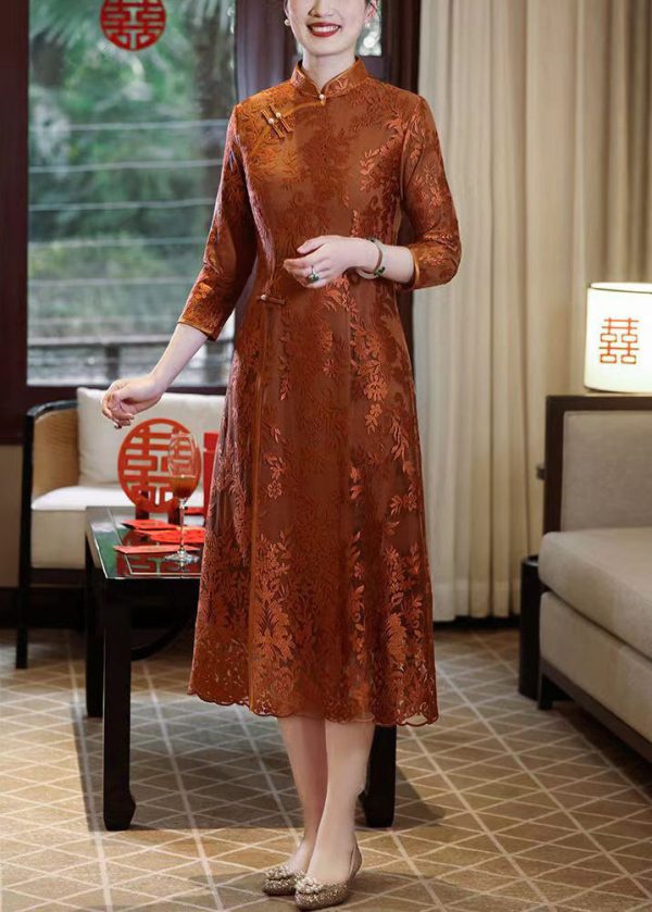 New Orange Stand Collar Button Side Open Lace Dress Bracelet Sleeve Cheap - Image 3