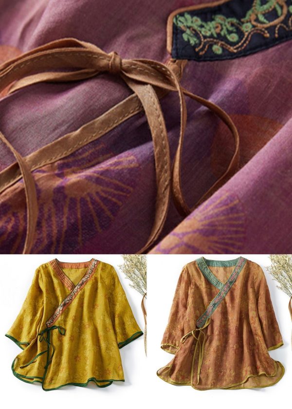 Classy Yellow Embroideried Lace Up Cotton Blouses Spring Online now - Image 5