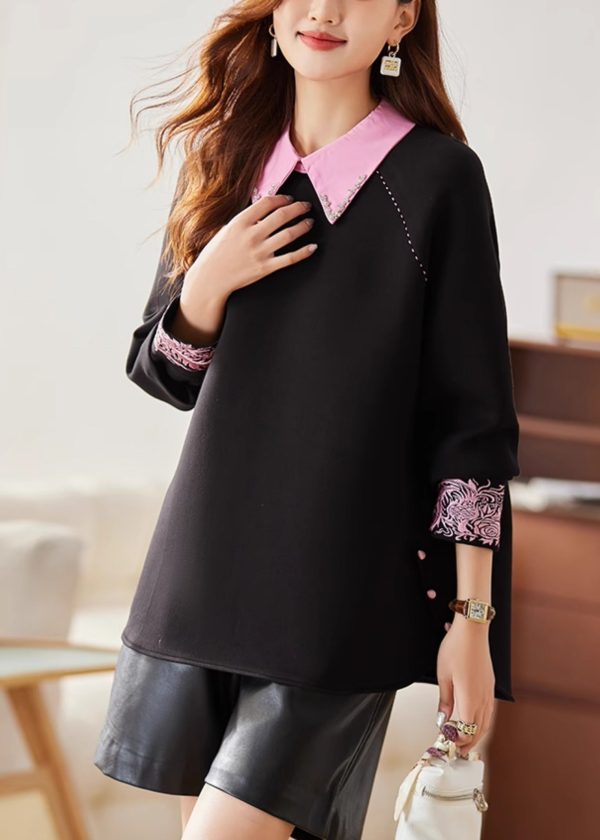 French Black Embroidered Patchwork Cotton Sweatshirts Spring Cheap - Image 3