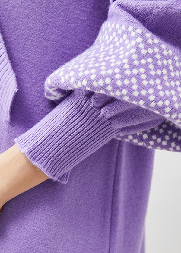 Classy Purple V Neck Patchwork Knit Long Sweater Lantern Sleeve For Sale - Image 5