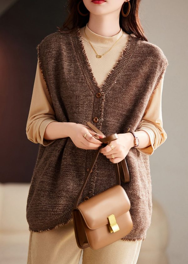 Women Coffee Tasseled Knit Vest And Cotton Top Two Pieces Set Winter Online Hot Sale - Image 3