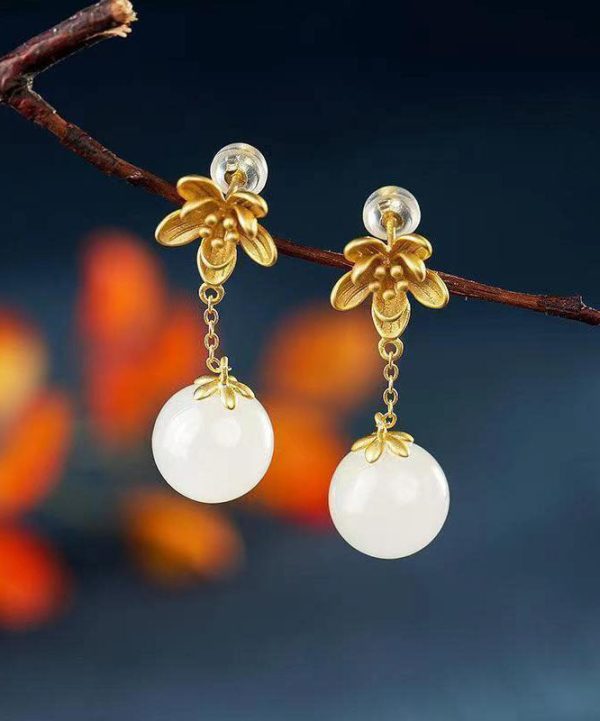 Skinny White Ancient Gold Jade Floral Drop Earrings For Cheap