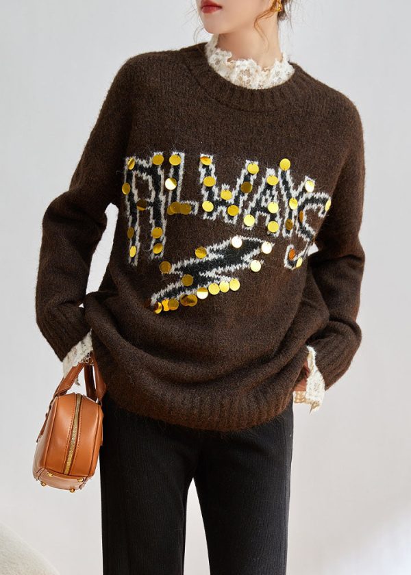 Novelty Coffee Graphic Sequins Thick Cotton Knit Sweaters Winter For Sale - Image 4